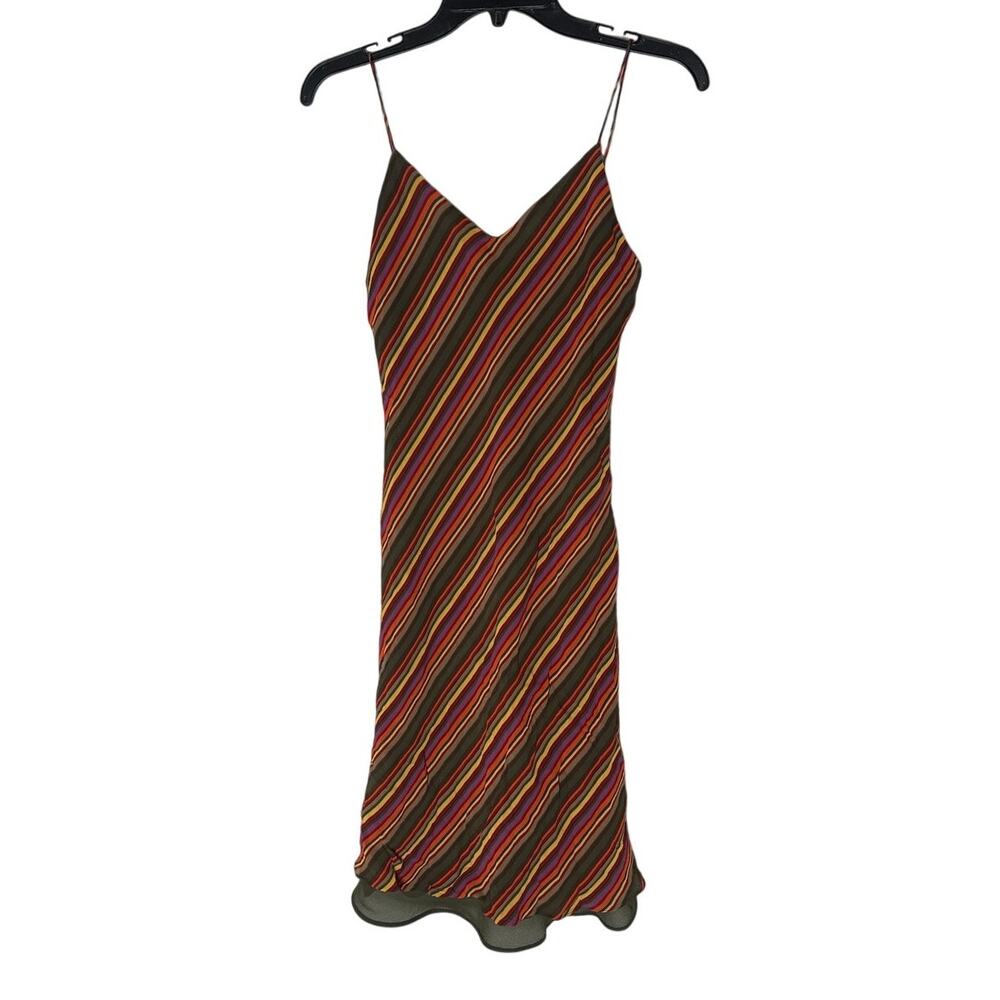 Ralph Lauren Vintage Diagonal-Striped Slip Dress MultiColor Flutter Hem Fall Y14